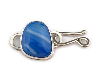 Handmade Jewelry Clasp, Blue Stone in Silver with Hook and Eye Component, Striped Blue and White Fused Glass Cabochon Stone Focal Piece