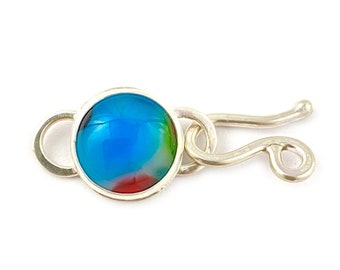 Unique Handmade Clasp for Bracelet or Necklace, Blue with Rainbow Hints in Sterling Silver, Art Jewelry for Designer Resale, Soft Glass Cab