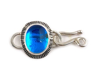 Aqua Blue Handmade Clasp, Custom Glass Stone in 925 Sterling Silver Setting with Hook Component, Unique One-of-a-Kind Art Jewelry Finding