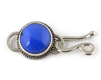 Silver Jewelry Clasp with Blue Glass Stone Set in Sterling Silver, OOAK Custom Periwinkle Cabochon, Soldered Hook Eye Component for Designer