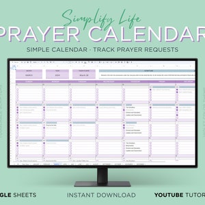 May include: A digital prayer calendar displayed on a computer monitor. The calendar is in a violet color theme and includes sections for tracking prayer requests. Text on the screen reads "Simplify Life PRAYER CALENDAR." Additional text includes "Simple Calendar • Track Prayer Requests."