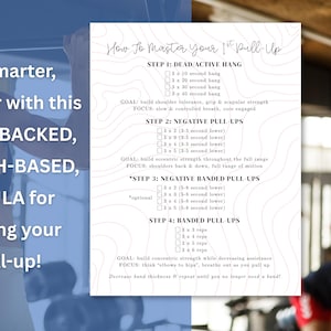 May include: A fitness guide with a pull-up training formula. The text reads "Work smarter, not harder with this science-backed, research-based formula for mastering your 1st pull-up!" The guide includes steps for dead active hang, negative pull-ups, and banded pull-ups.