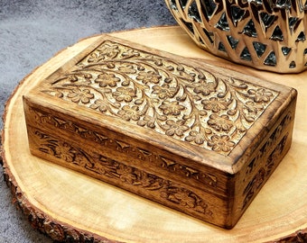 FLORAL carved WOOD BOX  --- 5" x 8" --- For Tarot Cards or Storage --- #B58