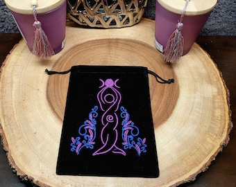 TRIPLE MOON GODDESS Embroidered Pouch / Bag --- Velour --- 5" x 6" Size --- tarot