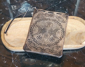 Leather TRIPLE MOON GODDESS Pouch / Bag --- Engraved Leather--- 5" x 7" Size --- medicine bag / tarot