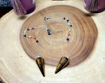 TIGER EYE PENDULUM with Chakra Stones Chain --- Natural Gemstones