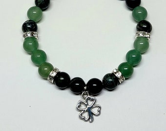 4 LEAF CLOVER Beaded Bracelet --- Natural Green Aventurine and Kambaba Jasper 8mm beads --- (com, #BRACE0013)