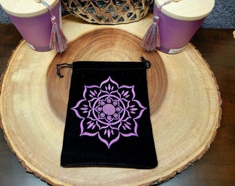 Embroidered LOTUS Pouch / Bag --- Velour --- 5" x 6" Size --- tarot