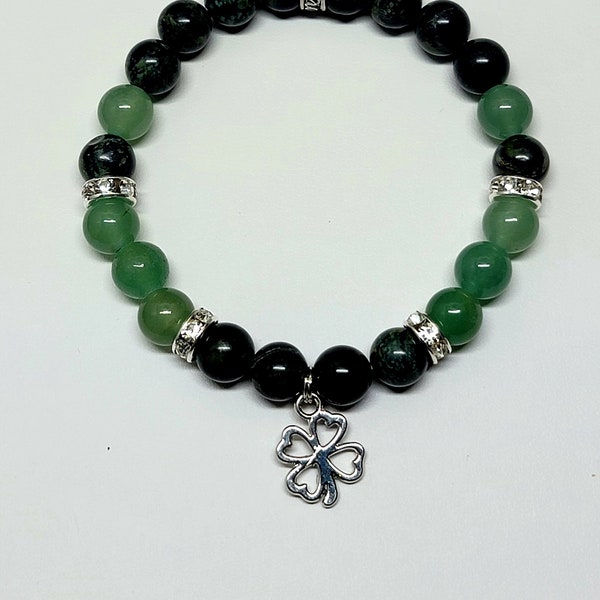 4 LEAF CLOVER Beaded Bracelet --- Natural Green Aventurine and Kambaba Jasper 8mm beads --- (com, #BRACE0013)