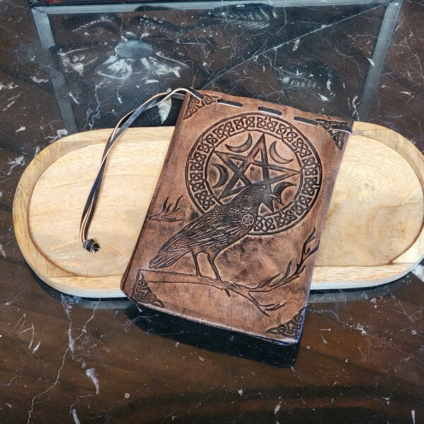 Leather RAVEN PENTACLE Pouch / Bag --- Engraved Leather--- 5" x 7" Size --- medicine bag / tarot