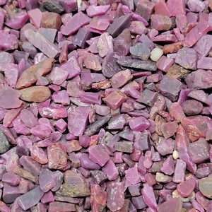 May include: A close-up view of a pile of small, rough, pink ruby gemstones. The rubies are various shapes and sizes, with some having a more purple hue.