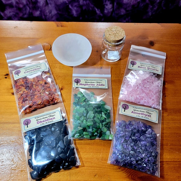 Gemstone Chips GIFT SET --- Selenite Bowl, Spell Bottles, and Carnelian, Obsidian, Jade, Amethyst, Rose Quartz Chips --- egsmade , kits