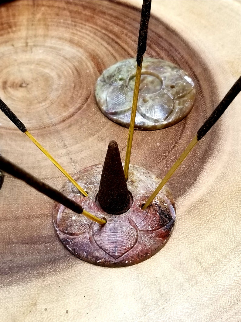 Round LOTUS FLOWER SOAPSTONE Incense Holder Holds Cones Etsy