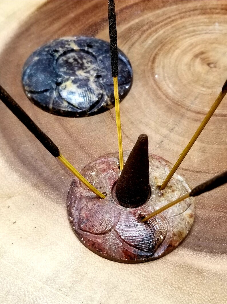Round LOTUS FLOWER SOAPSTONE Incense Holder Holds Cones Etsy