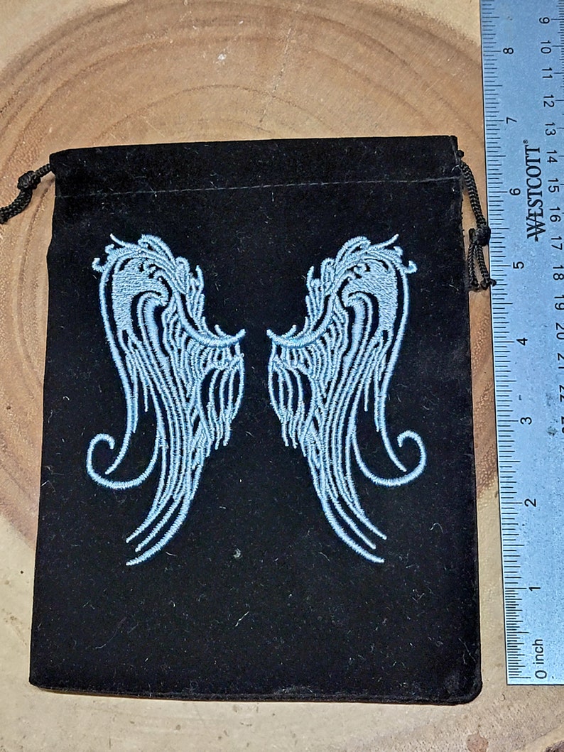 Embroidered GUARDIAN ANGEL WINGS Pouch / Bag Velour 5 x 6 Size tarot image 4