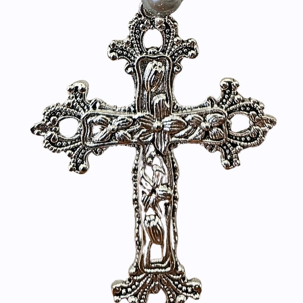 Large Silver Cross with Pearl and  Natural Jasper Beads and Pearls - DETACHABLE Pendant