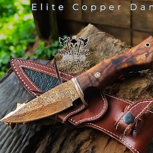 Cuchillo de caza de acero de Damasco de cobre hecho a mano: mango de palisandro, funda de cuero. imagen 1