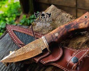 Handmade Copper Damascus Hunting Knife: Rosewood Handle, Leather Sheath