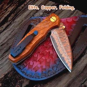 Handmade Copper Damascus Pocket Knife, Camping Knife, Fishing Folding Knife , Christmas Gifts, Groomsmen Gift for Him, Father's day