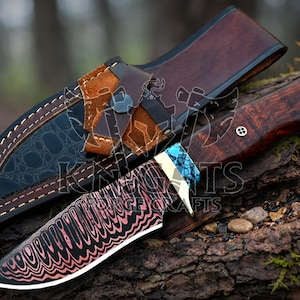 Handmade Copper Damascus Hunting Knife: Rosewood Handle, Leather Sheath