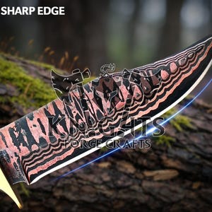 Cuchillo de caza de acero de Damasco de cobre hecho a mano: mango de palisandro, funda de cuero. imagen 13
