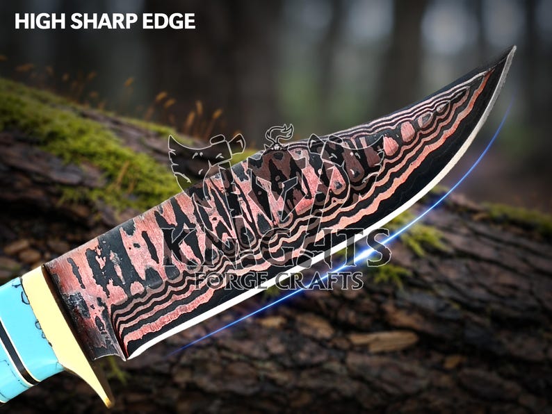 Cuchillo de caza de acero de Damasco de cobre hecho a mano: mango de palisandro, funda de cuero. imagen 13
