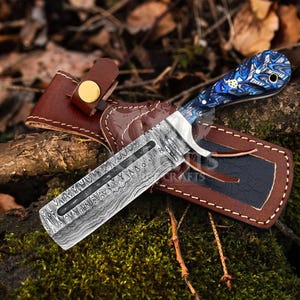 Damascus Bull Cutter Knife: Pakka Handle, Leather Sheath, Cowboy Knife