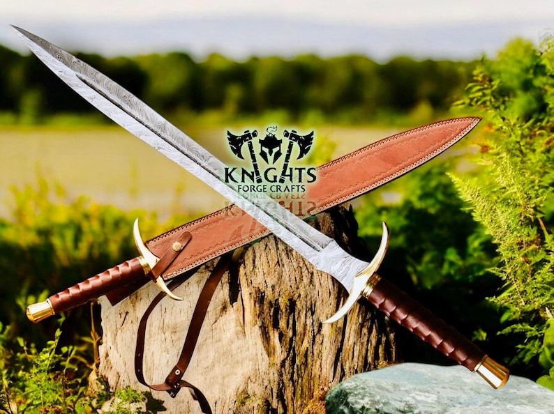May include: Two crossed swords with ornate handles and blades, resting on a tree stump. The blades have a patterned design, and the handles are brown with gold accents. A brown leather sheath is visible. The image includes the text "KNIGHTS FORGE CRAFTS".