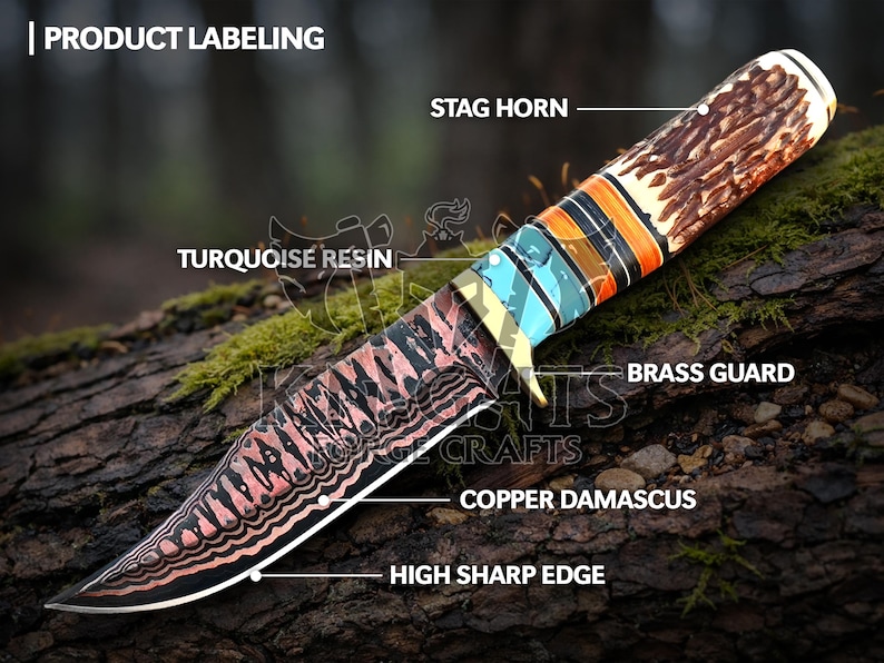 Cuchillo de caza de acero de Damasco de cobre hecho a mano: mango de palisandro, funda de cuero. imagen 4