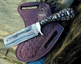 Damascus Bull Cutter Knife: Pakka Handle & Leather Sheath, Cowboy Knife