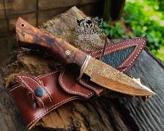 Hand Forged Damascus copper Steel Hunting Knife: Copper, Skinner, & Walnut Handle