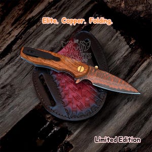 Cuchillo de caza de acero de Damasco de cobre hecho a mano: mango de palisandro, funda de cuero. imagen 7