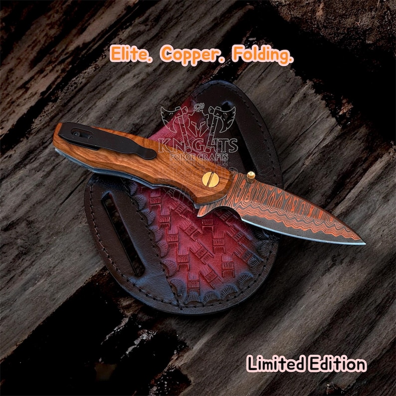 Cuchillo de caza de acero de Damasco de cobre hecho a mano: mango de palisandro, funda de cuero. imagen 7