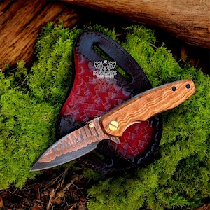 Cuchillo de caza de acero de Damasco de cobre hecho a mano: mango de palisandro, funda de cuero. imagen 6