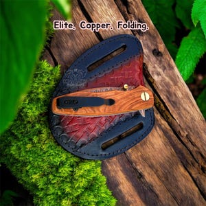 Cuchillo de caza de acero de Damasco de cobre hecho a mano: mango de palisandro, funda de cuero. imagen 12