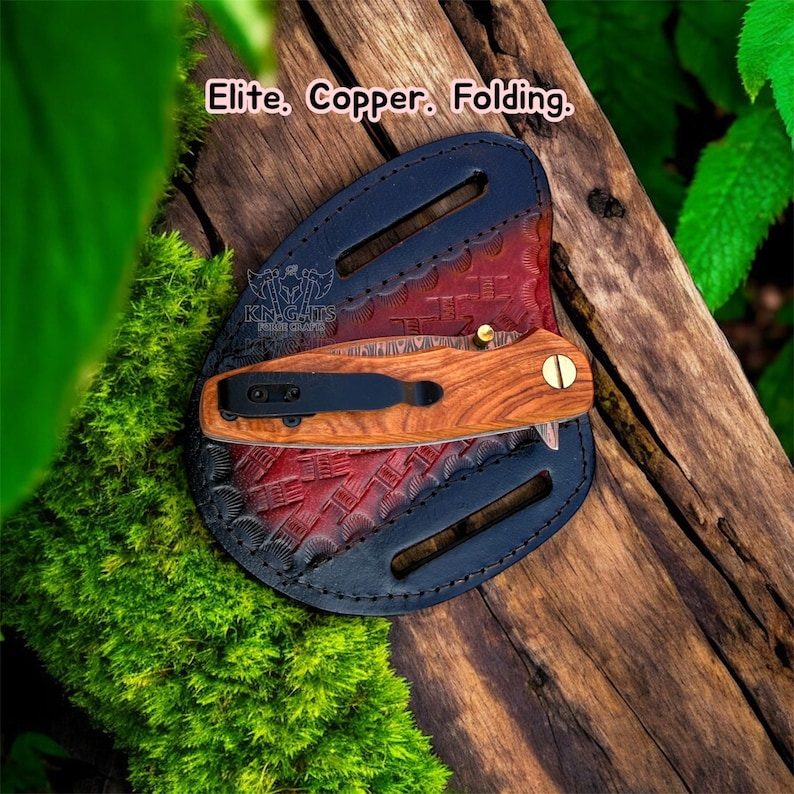 Cuchillo de caza de acero de Damasco de cobre hecho a mano: mango de palisandro, funda de cuero. imagen 12