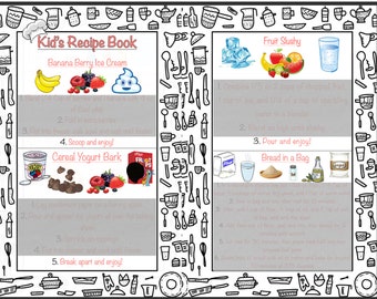 Puede incluir: Un libro de recetas imprimible colorido para niños con ilustraciones de comida e instrucciones para hacer helado de plátano y bayas, corteza de yogur con cereales, granizado de frutas y pan en una bolsa.