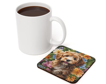 Cockapoo Drink Coaster Gift, Cockapoo Flowers Coaster, Dog Flowers Square Coaster, Cockapoo Cork Back Coaster,