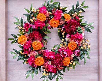 Spring/Summer flowers wreath, Front door flowers wreath, Summer orange flowers wreath, Everyday wreath