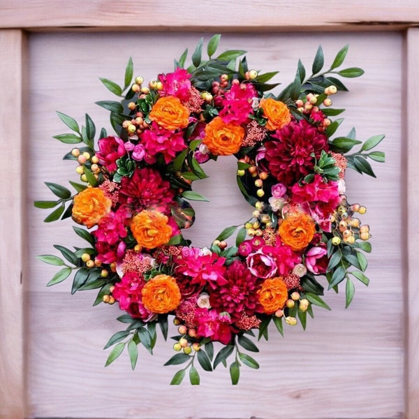 Spring/Summer flowers wreath, Front door flowers wreath, Summer orange flowers wreath, Everyday wreath