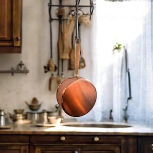 May include: A copper pot hangs from a hook in a rustic kitchen. The pot has a shiny, polished finish and is suspended from a black metal chain.