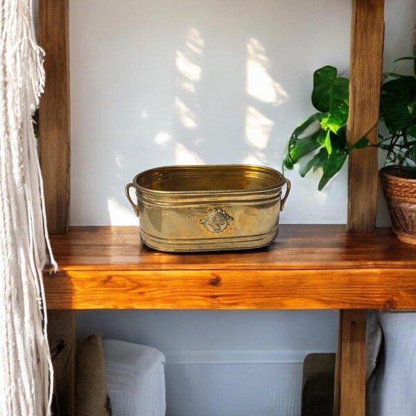 Vintage Hammered Brass Jardiniere with Sun Design | Brass Planter | Brass Decor