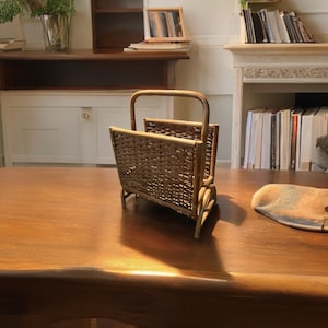 Vintage 1970s Magazine Rack Bamboo Rattan Wicker Boho Chic Mid Century Modern