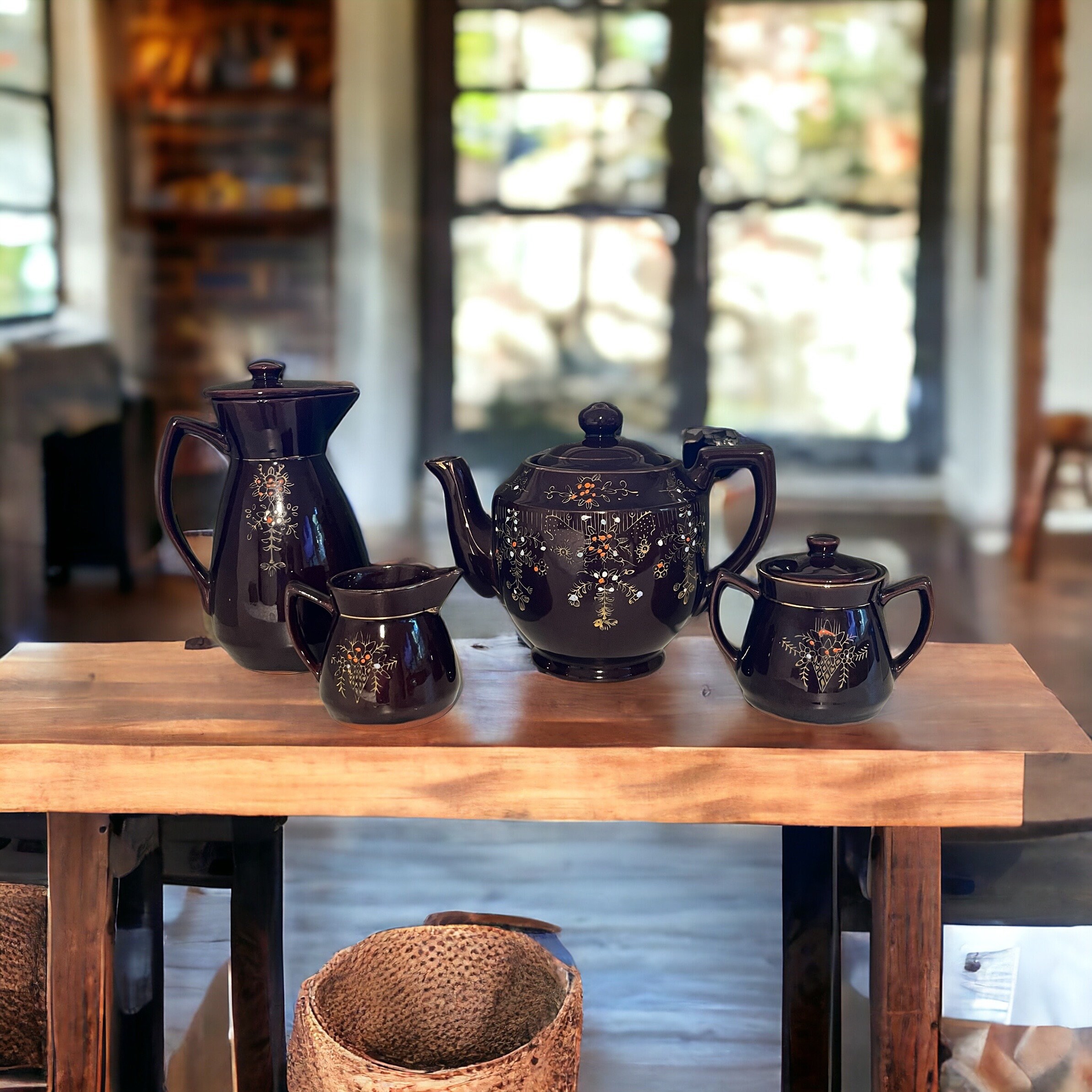 Vintage Japanese Hand Painted Moriage Redware Tea Set