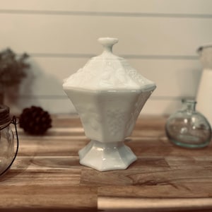 Anchor Hocking Octagon Milk Glass Grapes and Leaves Compote / Candy Dish With Lid