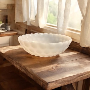 Vintage Anchor Hocking Milk Glass Bubble Scalloped Rim White Serving Bowl