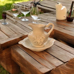 Vintage Lefton China Small Pitcher and Bowl Set White With Raised Grape and Leaf Design Original Labels Japan