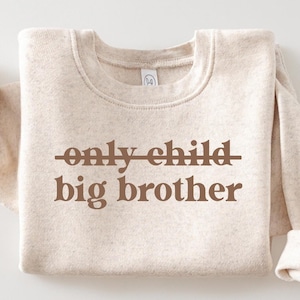 May include: A beige sweatshirt with the text "only child big brother" printed in brown on the front.