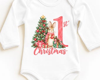 1st Christmas Baby Bodysuit, Watercolor Bunny Holiday Outfit, Infant Christmas One Piece