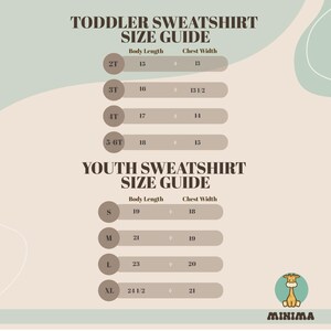 K&ouml;nnte beinhalten: Eine Gr&ouml;&szlig;entabelle f&uuml;r Sweatshirts f&uuml;r Kleinkinder und Jugendliche. Die Tabelle listet die Gr&ouml;&szlig;en von 2T bis XL auf und enth&auml;lt die Ma&szlig;e f&uuml;r K&ouml;rperl&auml;nge und Brustweite in Zoll.